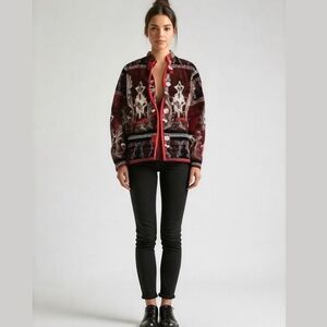 VINTAGE Red &. Beige Tapestry Cotton Bohemian Cardigan / Blazer Size Small